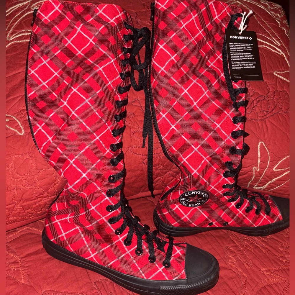 Custom Converse Red Plaid Knee High Lace-Up/Zip-Up Boots - Sz 8.5